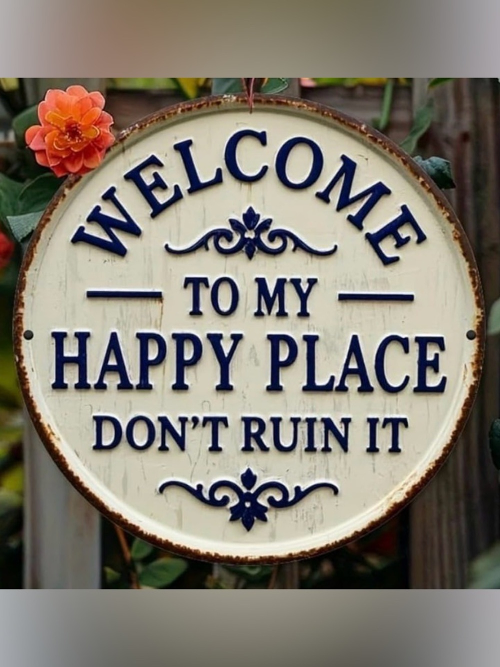 Rustic Metal Welcome Sign. Cream with Navy Text. NWT